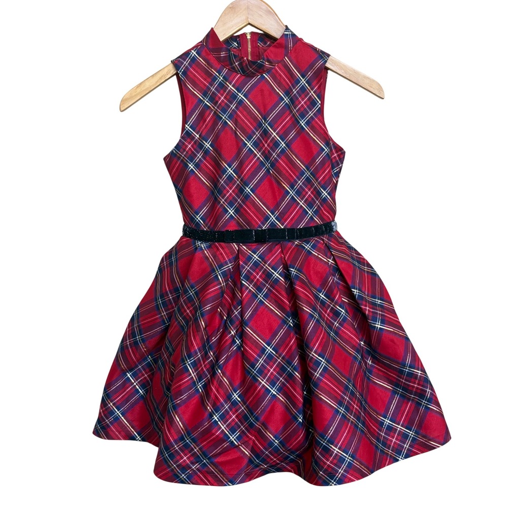 American Girl Girls Red Plaid Holiday Party Dress Size 7 Sleeveless Mock Neck